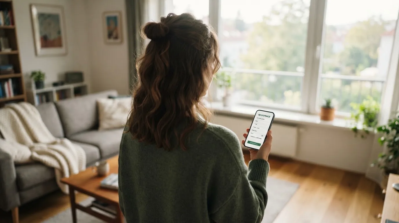 Žena v obývacím pokoji drží telefon a zamyšleně hledí z okna za dne.