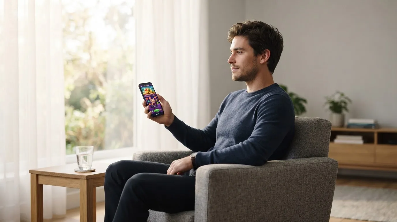 Muž v obývacím pokoji drží telefon a zamyšleně hledí z okna za dne.