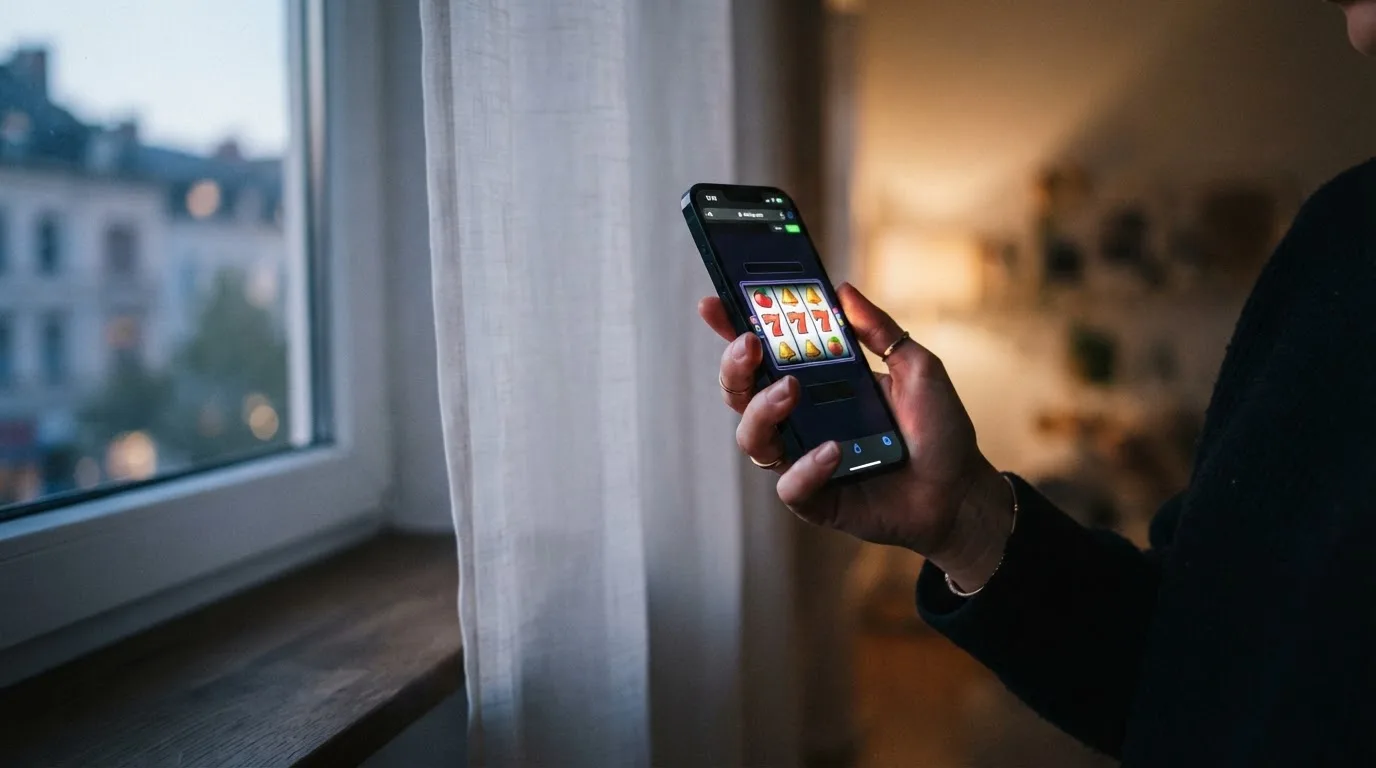 Ruka drží chytrý telefon u okna, klidné večerní světlo — bezpečné zahraniční casino pro české hráče