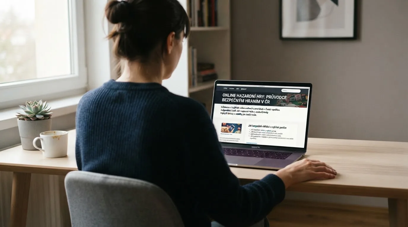 Člověk u notebooku čte informační stránku o online hazardu v Česku — casina bez nutnosti vkladu s bonusem