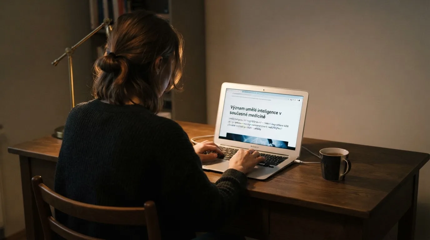 Člověk u notebooku čte informační stránku o online hazardu v Česku — casina online bez ověření totožnosti