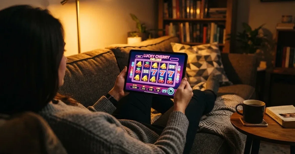 Hráč na gauči s tabletem, šálek kávy na stolku, teplé světlo — casina promo kód bez vkladu