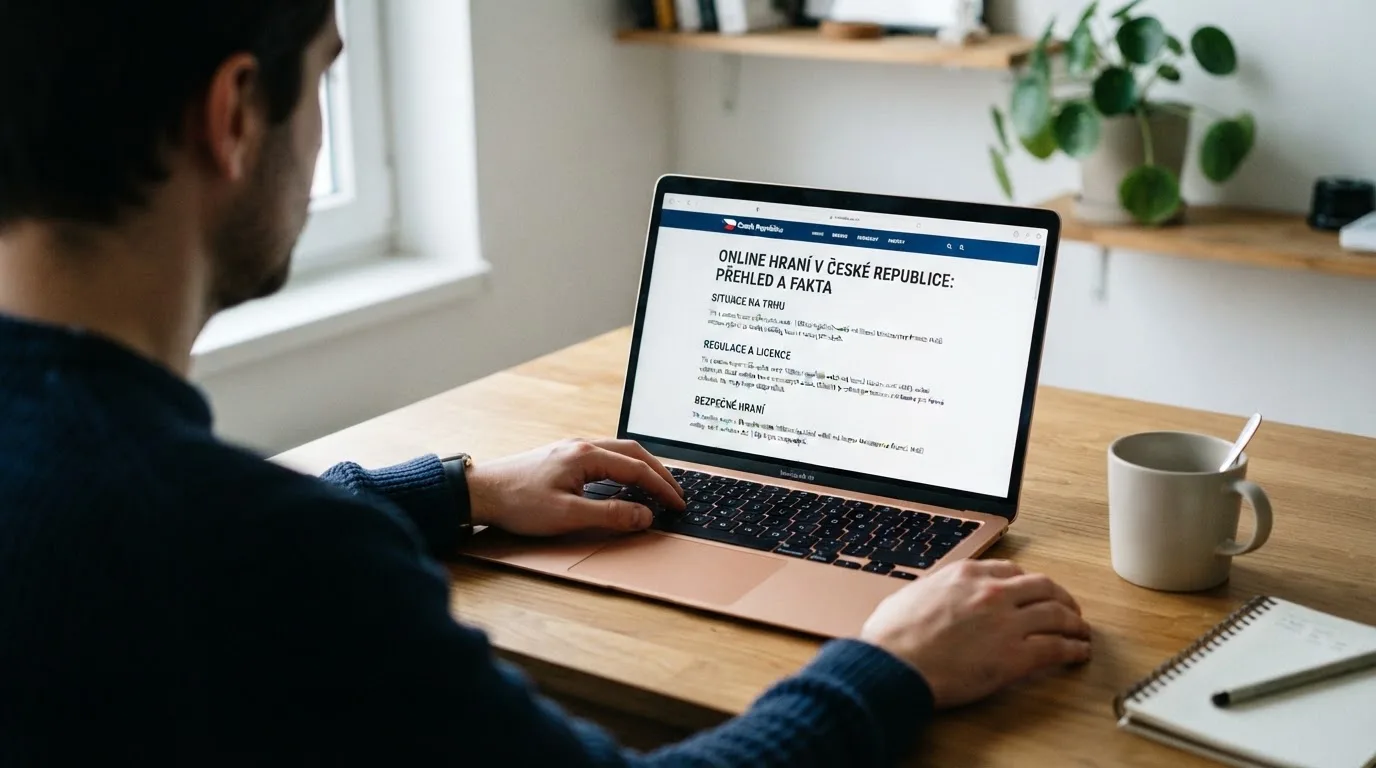 Člověk u notebooku čte informační stránku o online hazardu v Česku — casina promo kód bez vkladu