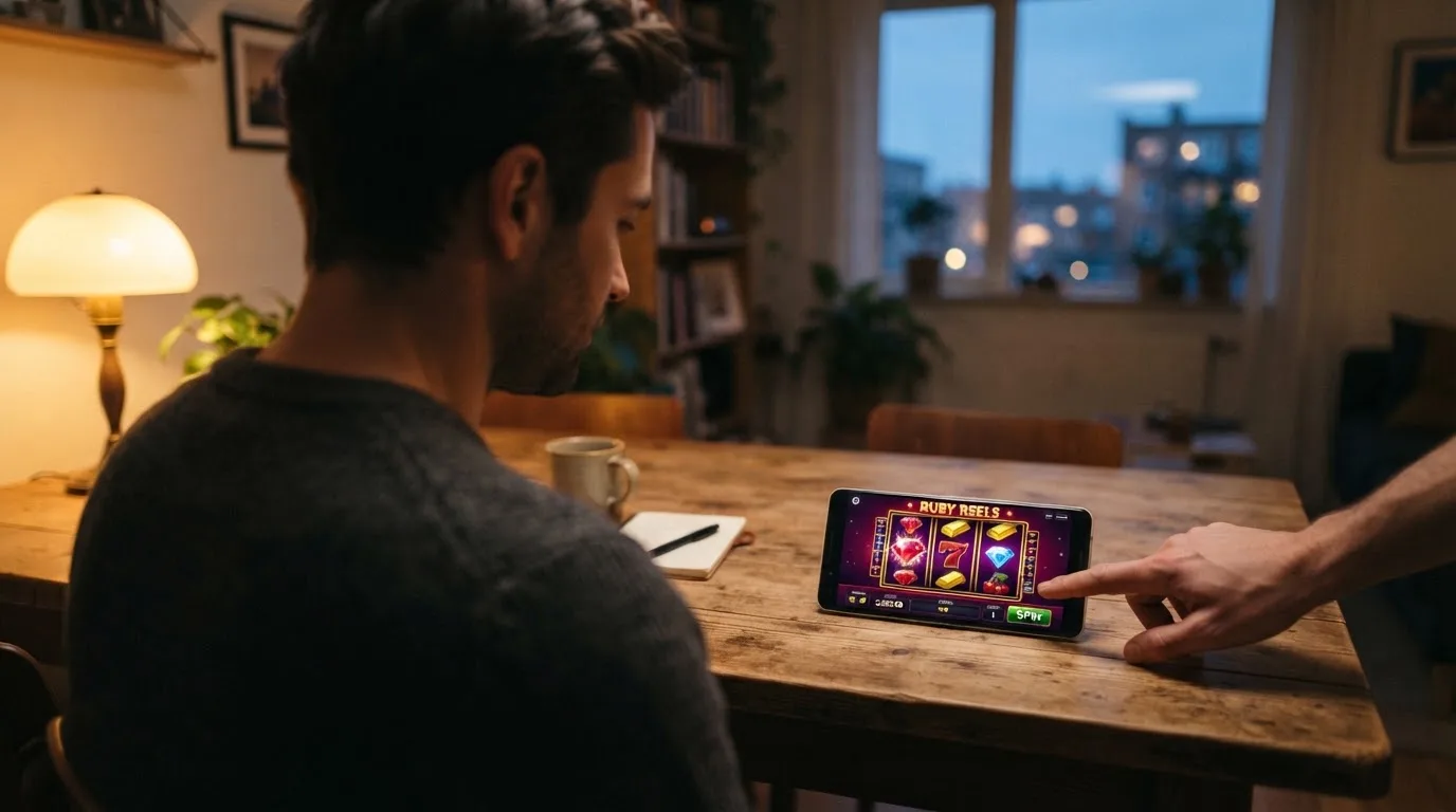 Muž sedí u stolu a poprvé otevírá aplikaci na chytrém telefonu v podvečer.