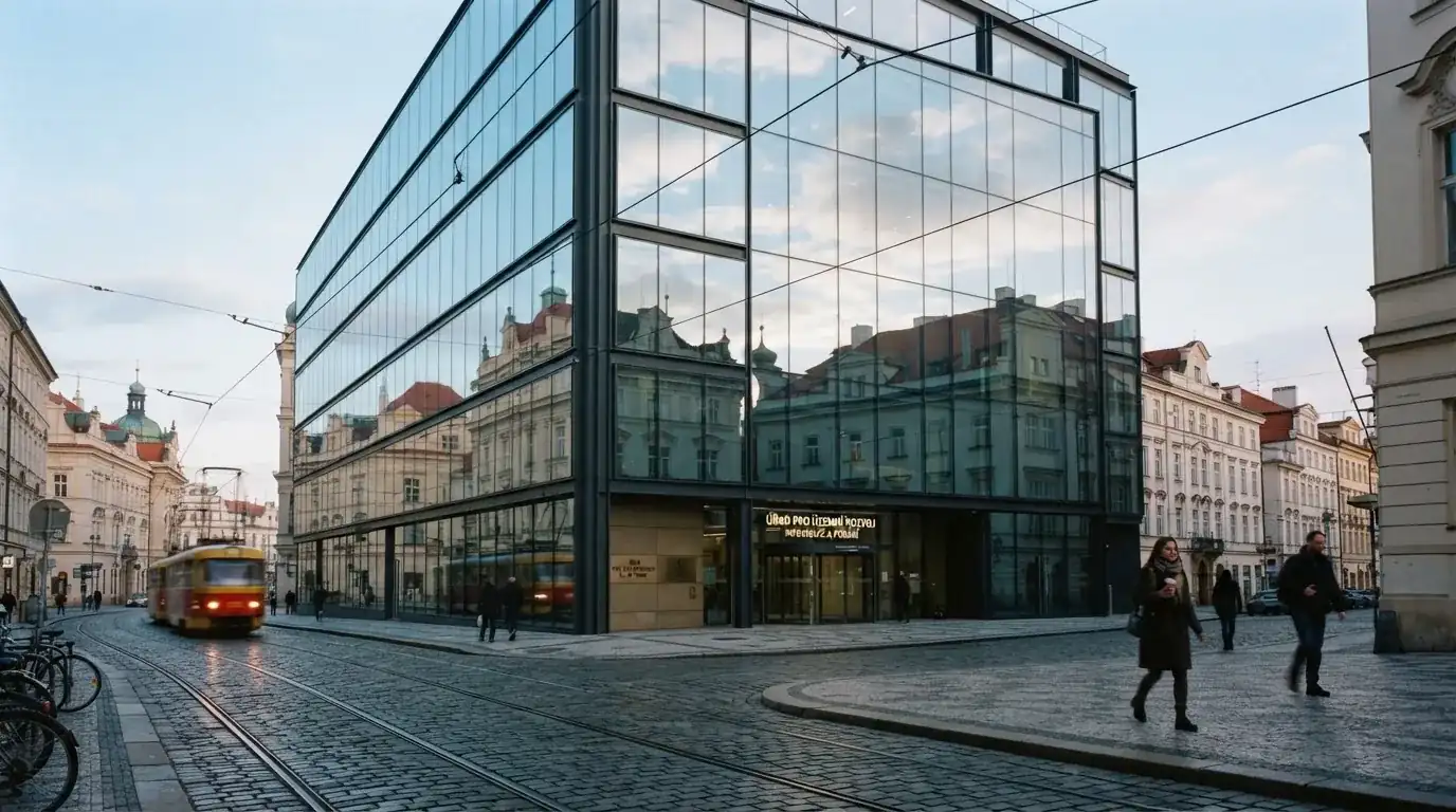 Fasáda moderní administrativní budovy s skleněnými okny odráží ranní oblohu nad rušnou pražskou ulicí.