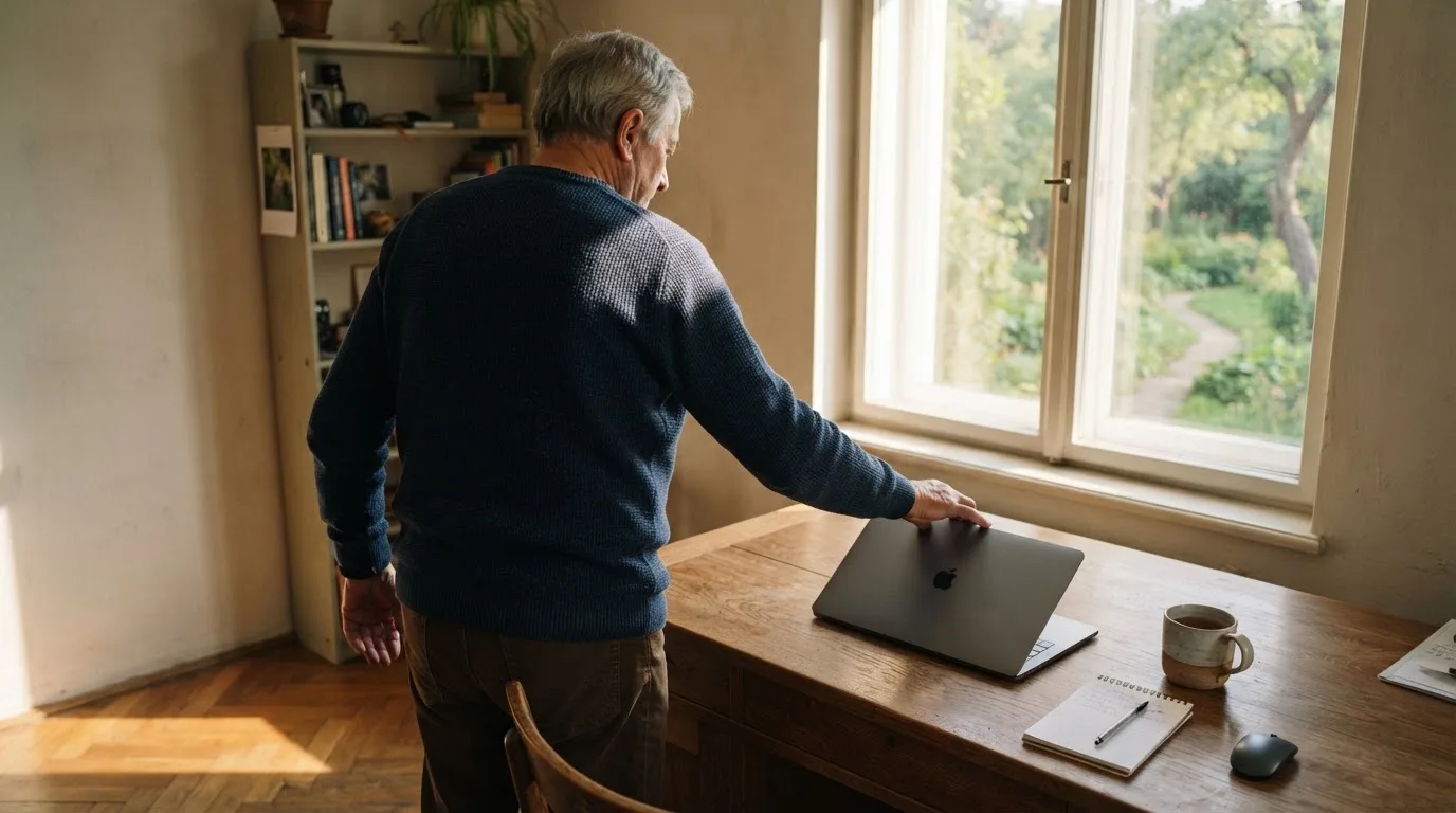 Starší muž zavírá notebook a odchází od pracovního stolu směrem k oknu s výhledem do zahrady.