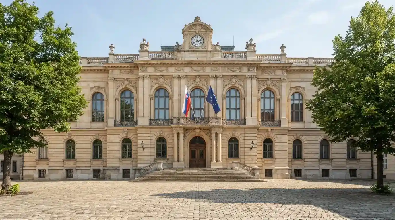 Historická úřední budova s vlajkami na slunečném náměstí — casino minimální vklad 100 kč