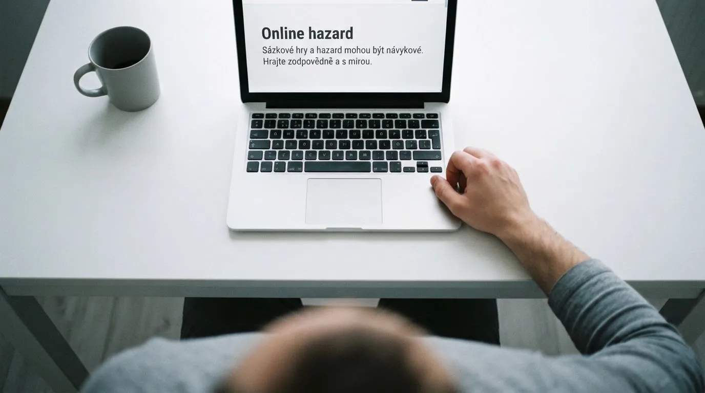 Člověk u notebooku čte informační stránku o online hazardu v Česku — casino minimální vklad 100 kč