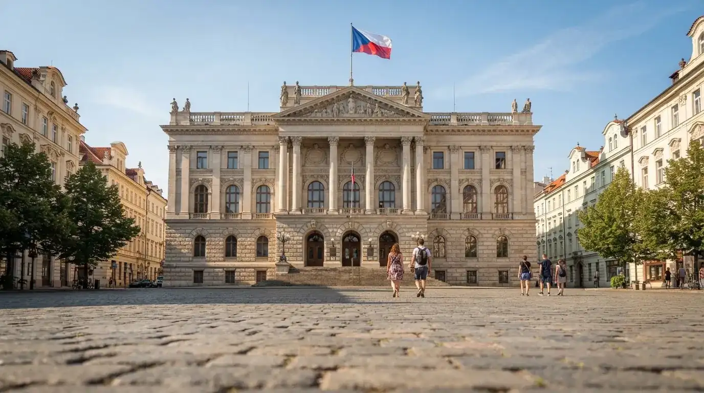 Kamenná budova s sloupy a vlajkou stojí na náměstí za jasného dne.