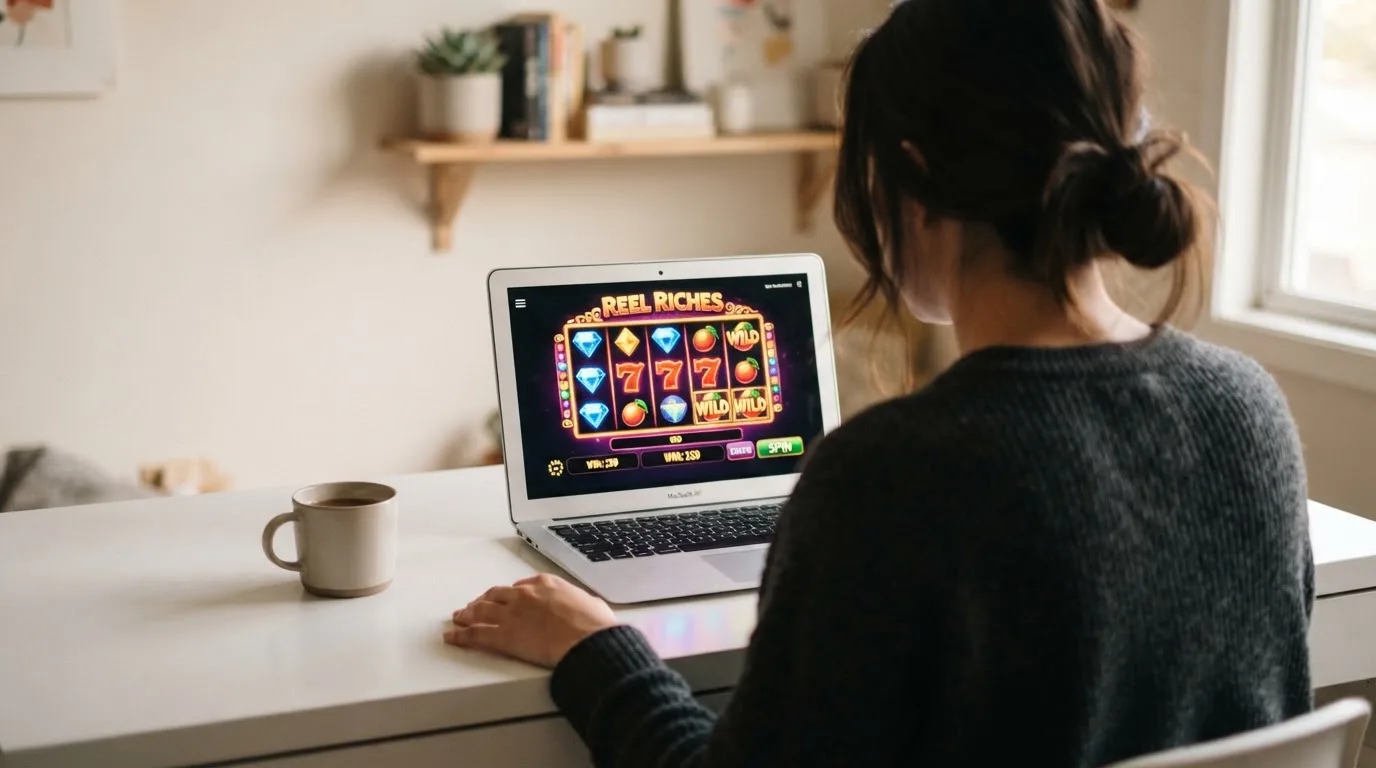 Člověk u notebooku čte informační stránku o online hazardu v Česku — casino okamžitý výběr
