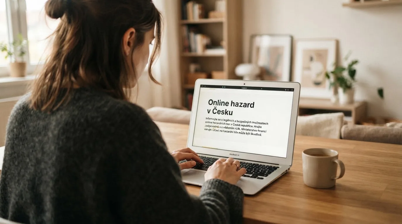 Člověk u notebooku čte informační stránku o online hazardu v Česku — casino platba paysafecard