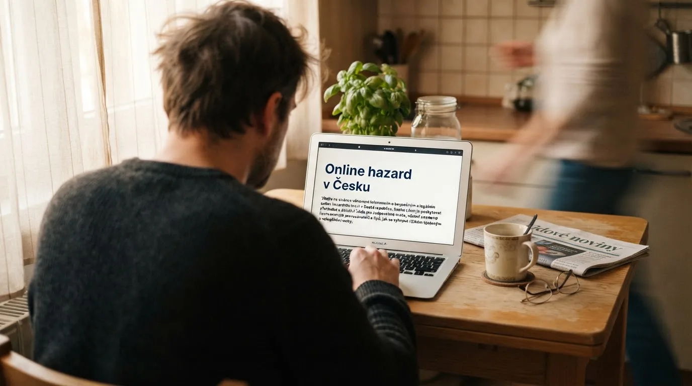 Člověk u notebooku čte informační stránku o online hazardu v Česku — hrací automaty hrací automaty zdarma online