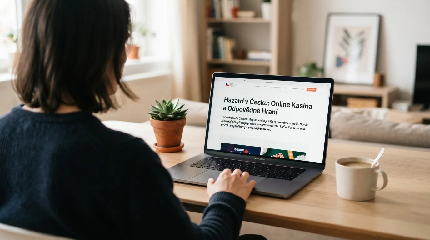 Člověk u notebooku čte informační stránku o online hazardu v Česku — live blackjack pro české hráče