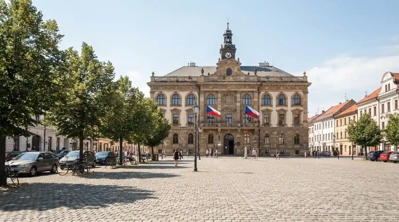Historická úřední budova s vlajkami na slunečném náměstí — live ruleta CZ s česky mluvícími krupiéry