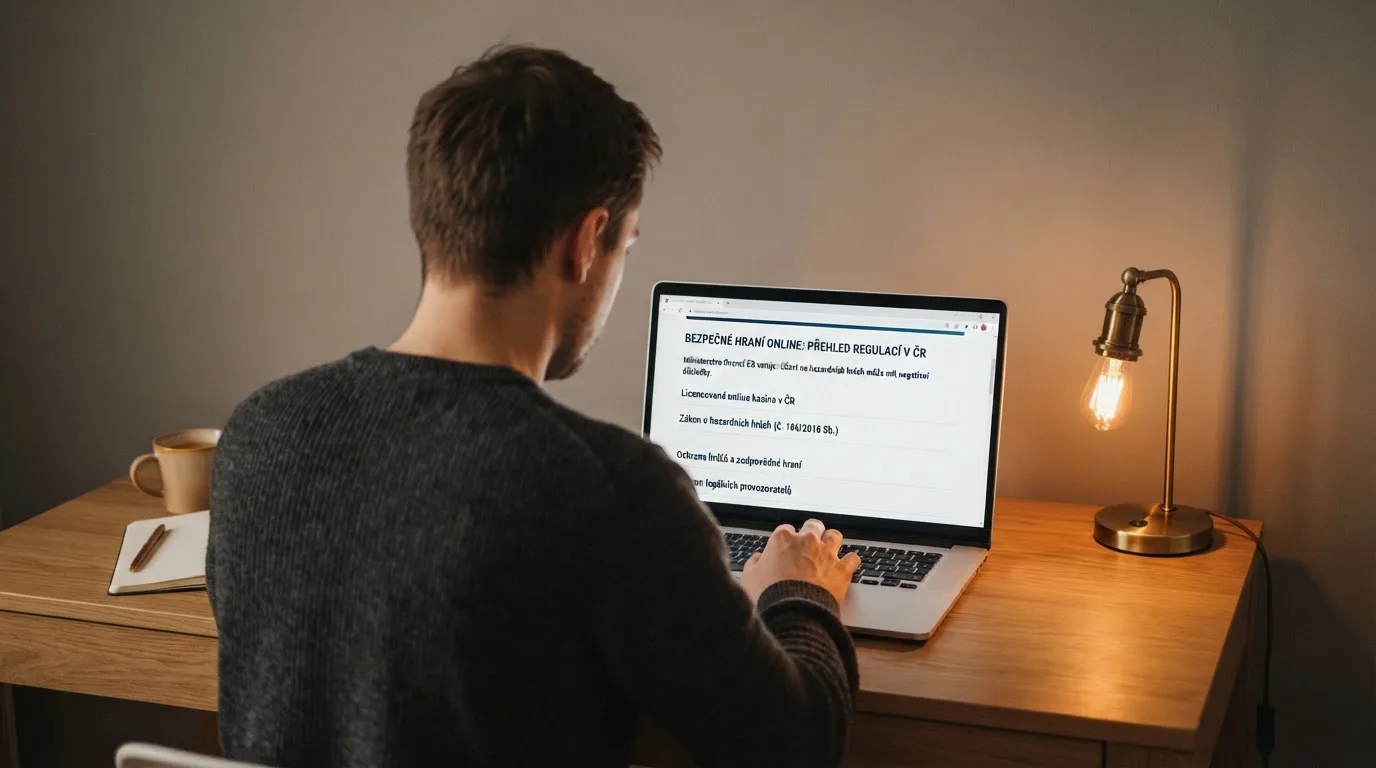 Člověk u notebooku čte informační stránku o online hazardu v Česku — live ruleta CZ s česky mluvícími krupiéry