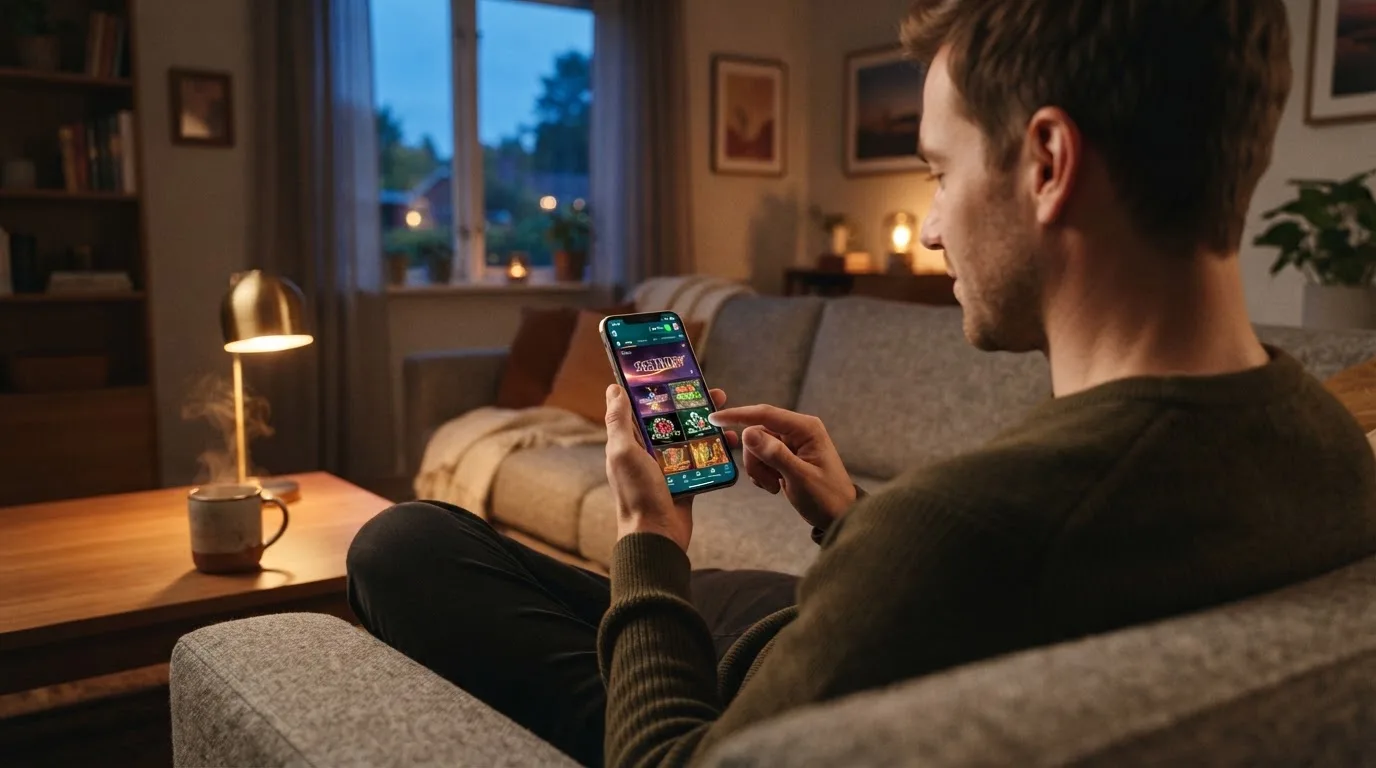 Muž sedí na gauči a poprvé otevírá aplikaci na chytrém telefonu večer.