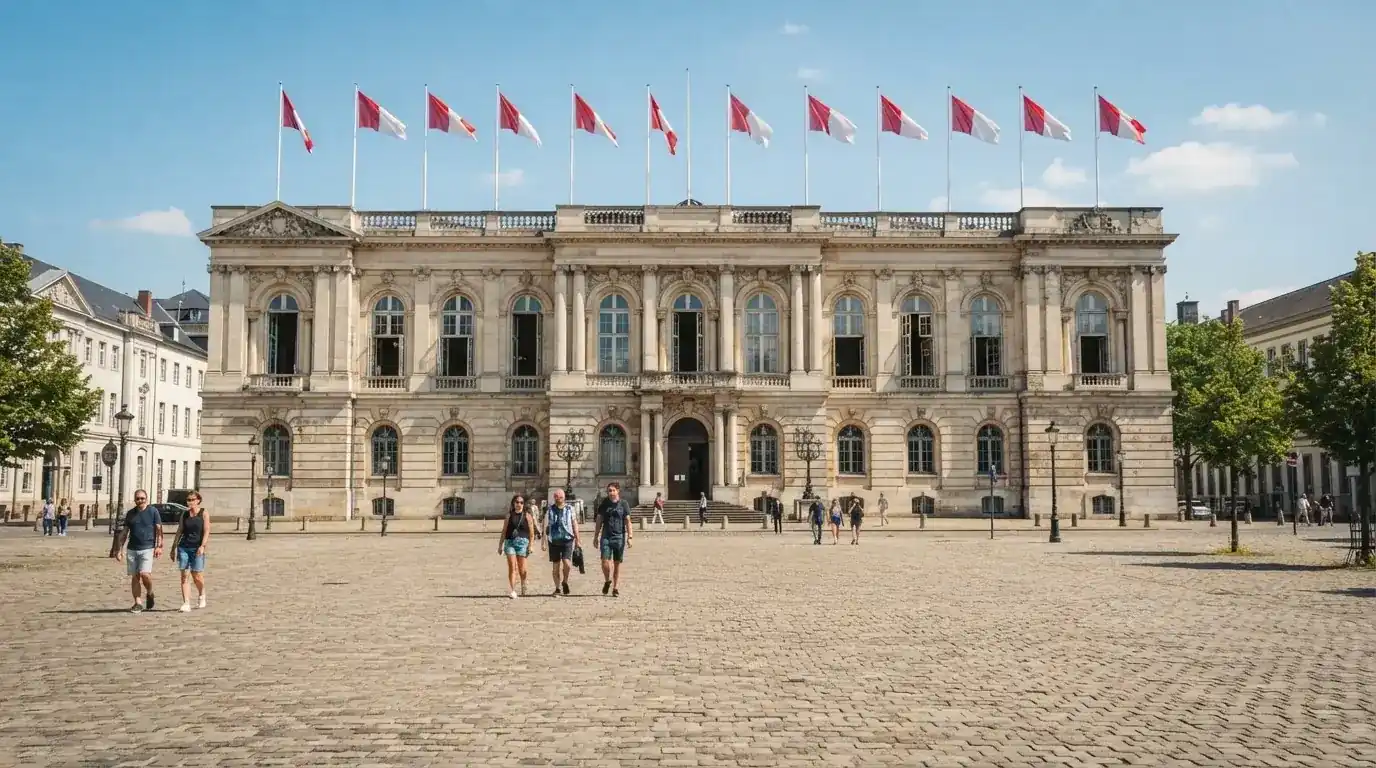 Historická úřední budova s vlajkami na slunečném náměstí — nejlepší krypto kasina cz
