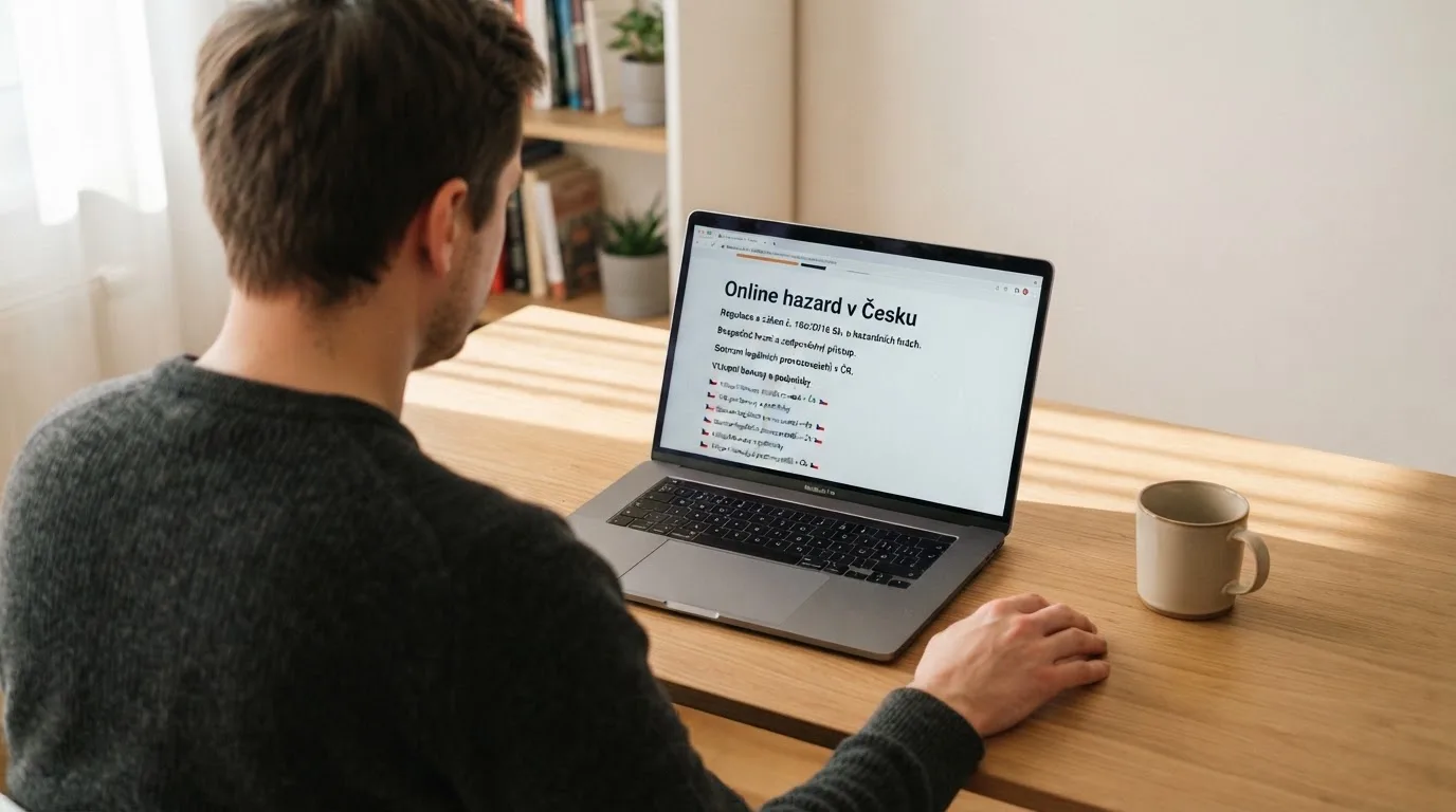 Člověk u notebooku čte informační stránku o online hazardu v Česku — nejlepší krypto kasina cz