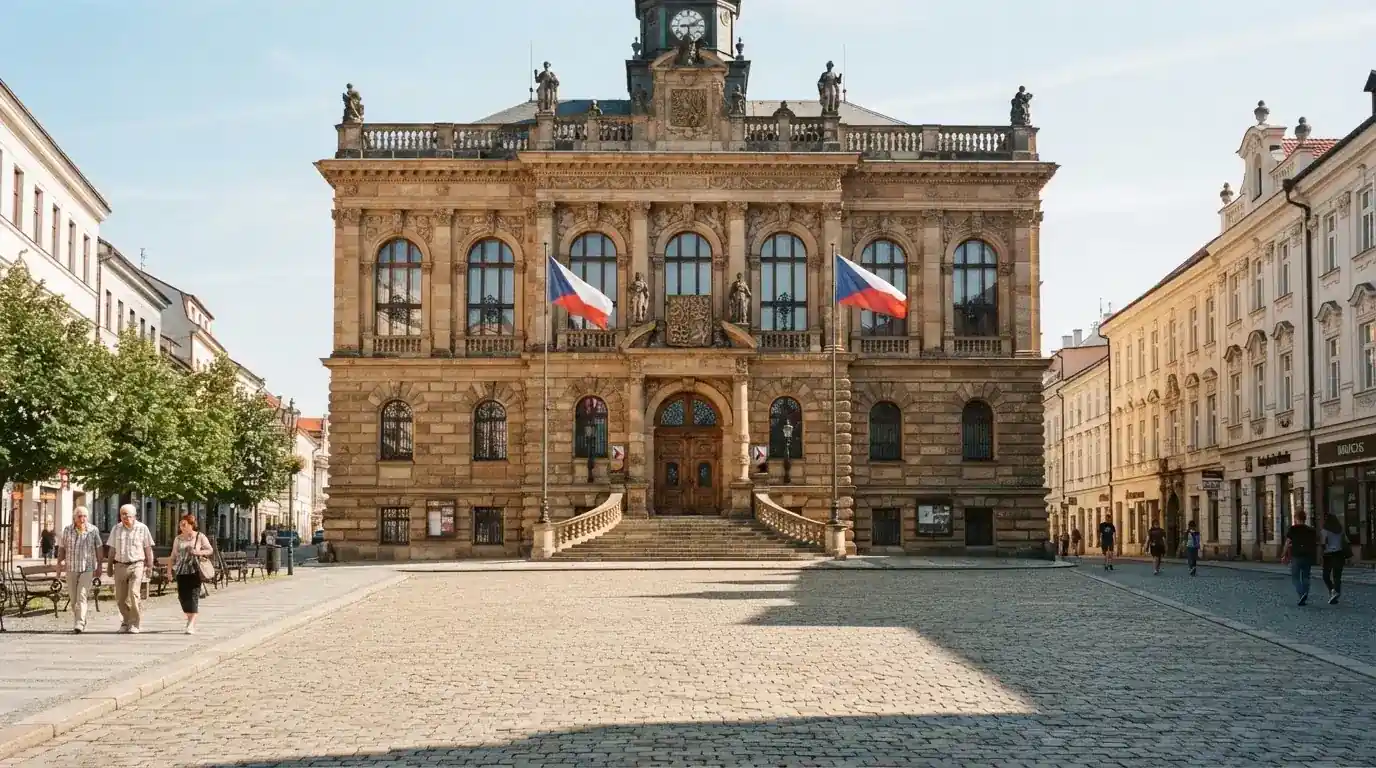 Historická úřední budova s vlajkami na slunečném náměstí — nejlepší mobilní online kasino česká republika