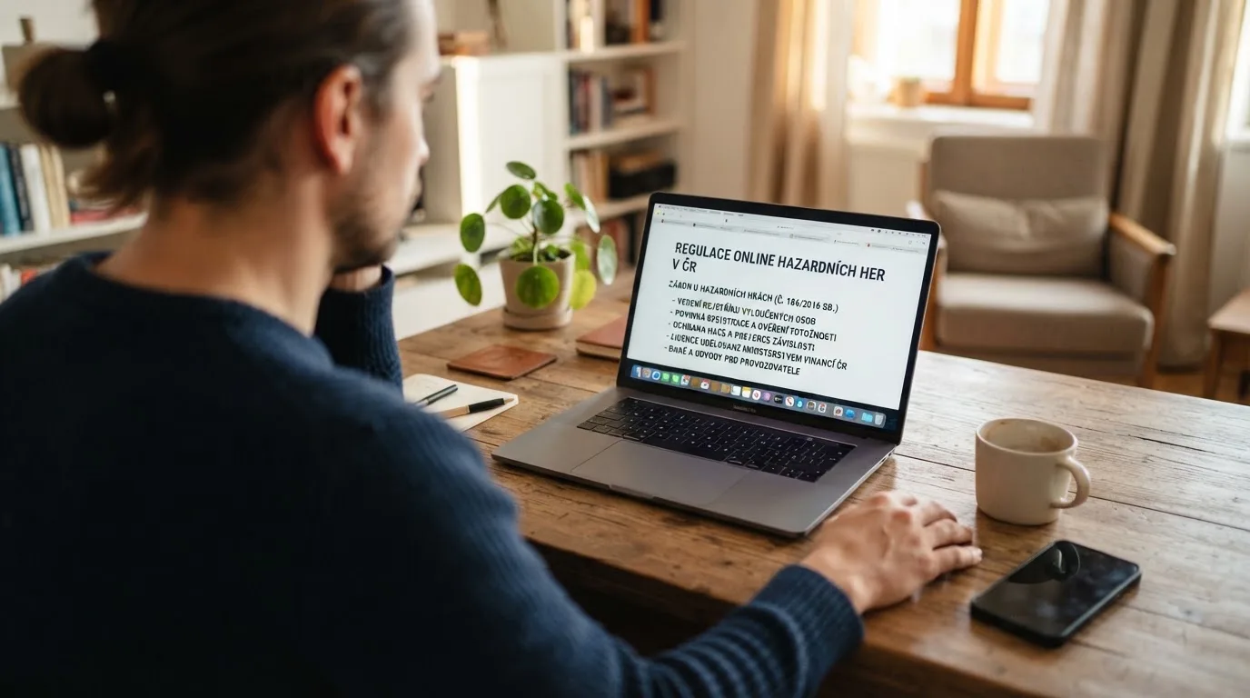 Člověk u notebooku čte informační stránku o online hazardu v Česku — nejlepší mobilní online kasino česká republika