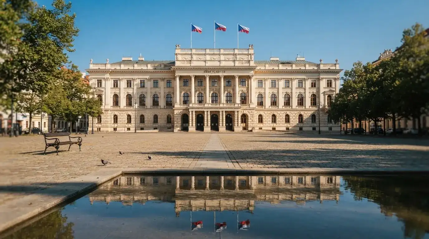 Historická úřední budova s vlajkami na slunečném náměstí — nejlepší online casino CZ