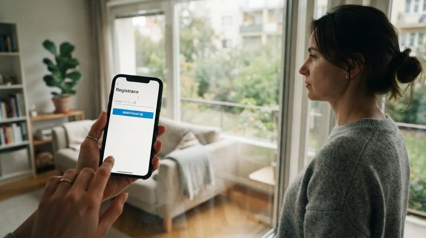 Žena v obývacím pokoji drží telefon a zamyšleně hledí z okna za dne.