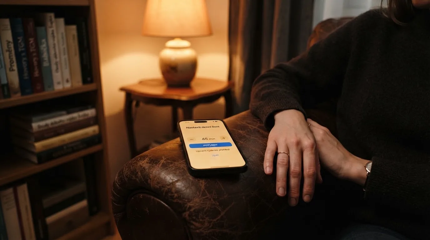 Žena drží telefon a druhou rukou si promne čelo unaveným gestem ve večerním pokoji.